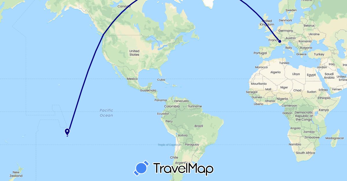 TravelMap itinerary: driving in Canada, France (Europe, North America)